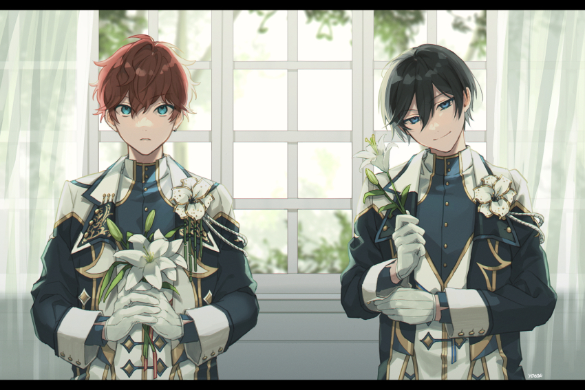 2boys amagi_hiiro aqua_eyes black_hair blue_eyes brooch closed_mouth ensemble_stars! flower flower_brooch gloves hair_between_eyes head_tilt hidaka_hokuto highres holding holding_flower jacket jewelry lily_(flower) long_sleeves looking_at_viewer male_focus multiple_boys official_alternate_costume open_clothes open_jacket parted_lips red_hair short_hair smile white_flower white_gloves window y0e0k