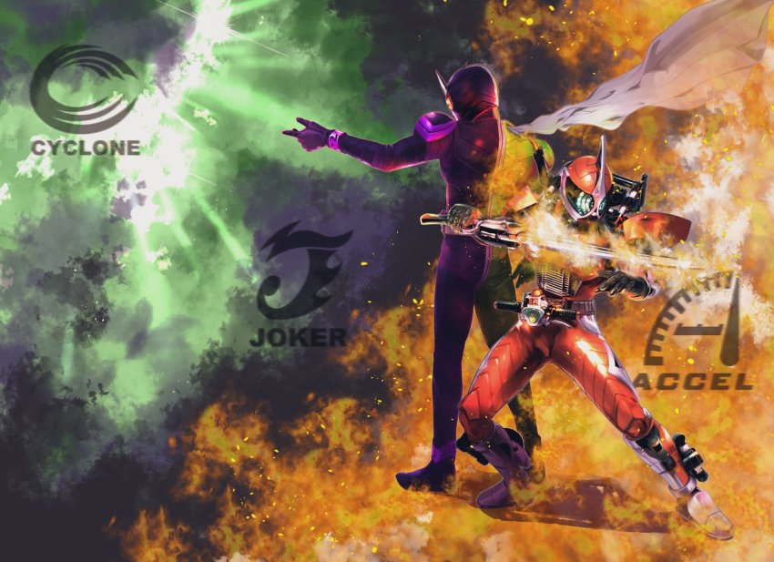 2boys antennae armor belt commentary_request electricity explosion facing_away from_side full_armor fuuto_tantei gaia_memory glowing glowing_eyes helmet highres kamen_rider kamen_rider_accel kamen_rider_double kamen_rider_w looking_away looking_down male_focus multiple_boys outstretched_arm pointing red_theme road sato_masaki_(masayakofu) scarf solo sword weapon