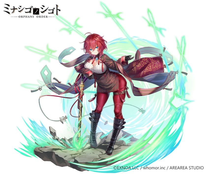 1girl ahoge black_boots black_dress black_gloves blue_eyes boots breasts cleavage closed_mouth copyright_notice dress gloves hair_between_eyes highres knee_boots lace-up_boots leaning_forward long_sleeves looking_at_viewer medium_breasts official_art orphans_order pantyhose red_hair red_pantyhose ryuuki_(hydrangea) simple_background sleeves_past_wrists smile solo standing watermark weapon_request white_background