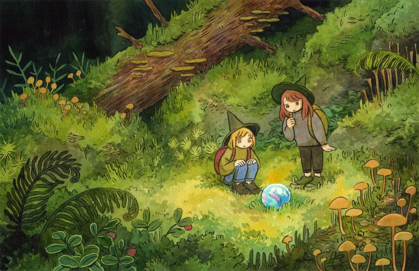 2girls backpack bag black_pants blonde_hair blue_pants brown_bag brown_eyes brown_hair green_bag green_eyes green_shirt grey_shirt hat heikala long_sleeves marble multiple_girls mushroom no_nose original outdoors painting_(medium) pants plant scenery shirt standing traditional_media watercolor_(medium) witch_hat