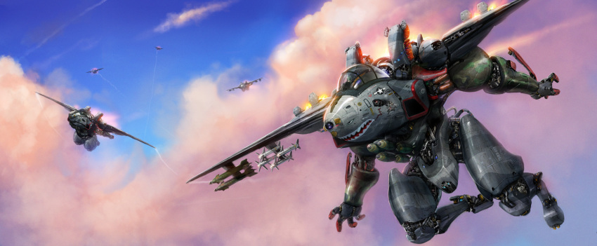 aircraft airplane artist_request bomb canopy choujikuu_yousai_macross cloud cockpit explosive fangs fleet flying gerwalk gradient_background gun highres jet machine_gun macross mecha missile no_humans nose_art original realistic redesign robot science_fiction shark_nose_art transformation united_states vf-1 weapon