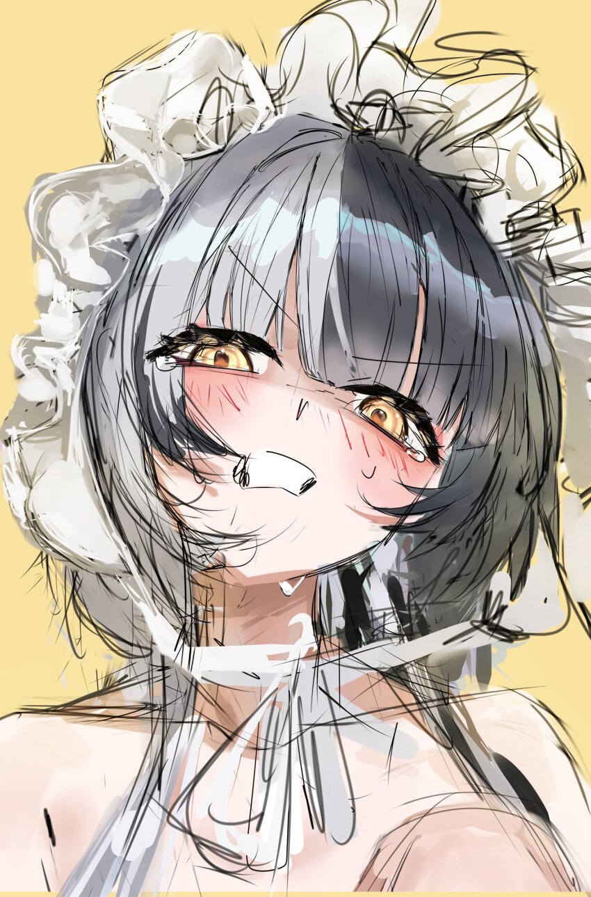 1girl angry black_hair blush bonnet clenched_teeth commentary grey_hair highres hololive hololive_english kozimo123456 looking_at_viewer multicolored_hair shiori_novella solo split-color_hair sweat teeth two-tone_hair virtual_youtuber yellow_background yellow_eyes