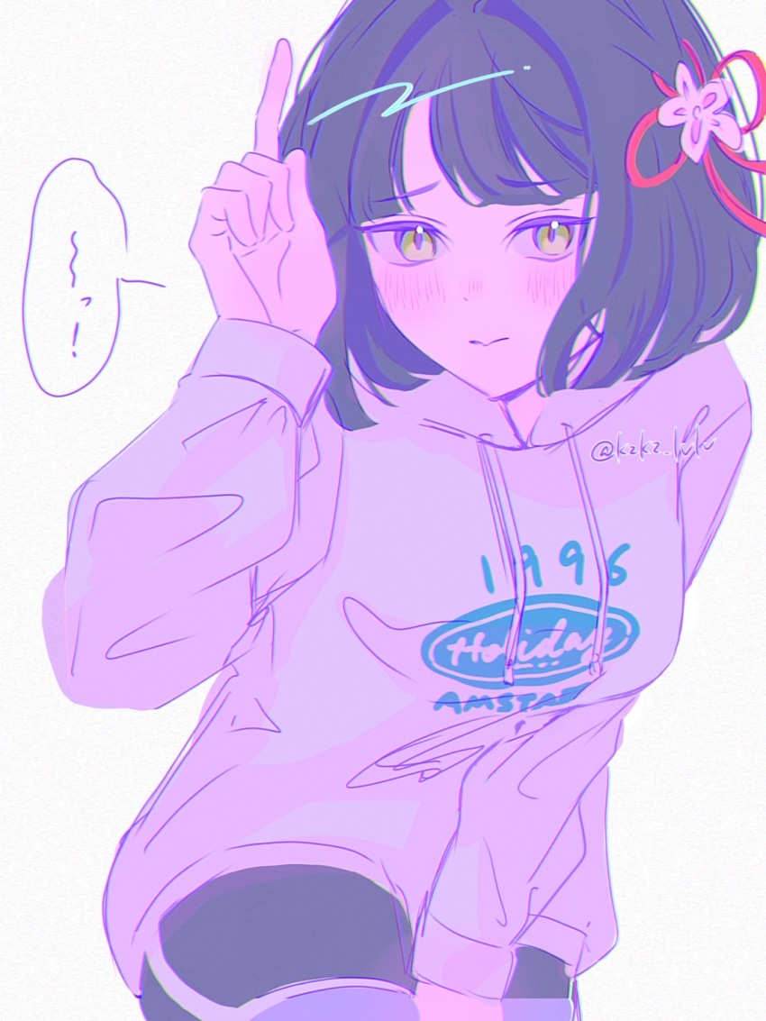 1girl black_hair black_shorts blunt_bangs blunt_ends bob_cut breasts clothes_writing commentary_request embarrassed flower flower_knot green_eyes grey_leggings hair_flower hair_ornament hand_between_thighs highres hood hoodie index_finger_raised kzkz_lvlv leaning_forward leggings leggings_under_shorts link!_like!_love_live! long_sleeves love_live! medium_breasts momose_ginko momose_ginko_(summer_training_wear) official_alternate_costume purple_theme short_hair shorts simple_background solo speech_bubble twitter_username virtual_youtuber white_background white_flower white_hoodie