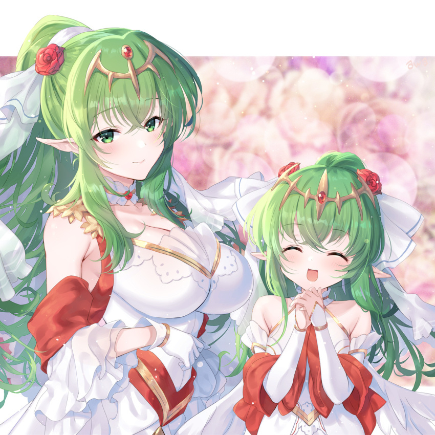 2girls :d awayuki_ramika bare_shoulders breasts bridal_veil cleavage closed_eyes dress dual_persona feather-trimmed_dress fire_emblem fire_emblem:_mystery_of_the_emblem fire_emblem_awakening flower green_eyes green_hair hair_ornament highres large_breasts long_hair looking_at_viewer multiple_girls nintendo official_alternate_costume open_mouth own_hands_together pointy_ears ponytail rose smile tiara tiki_(adult)_(bridal)_(fire_emblem) tiki_(adult)_(fire_emblem) tiki_(fire_emblem) tiki_(young)_(bridal)_(fire_emblem) tiki_(young)_(fire_emblem) upper_body veil wedding_dress white_dress