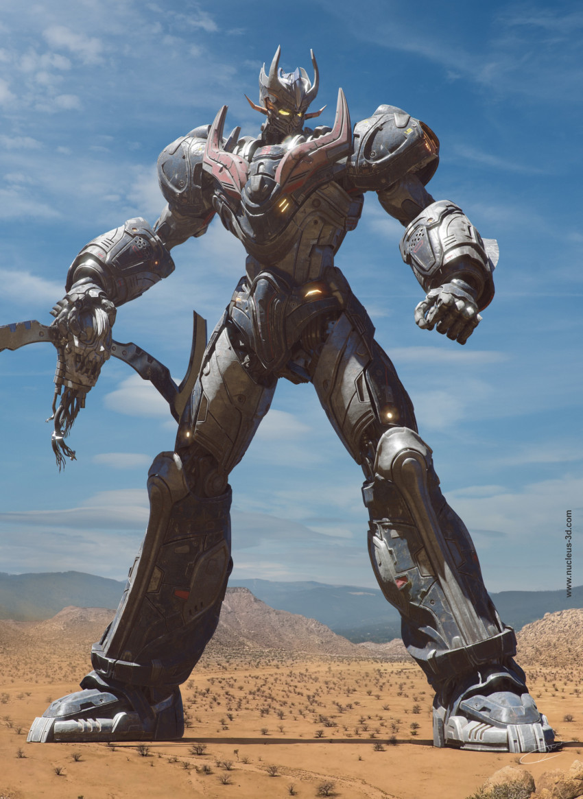 3d absurdres cable cloud commentary corpse damaged desert dirty dust english_commentary garada_k7_(robot) glowing glowing_eyes highres lights machinery mazinger_(series) mazinger_z mazinger_z:_infinity mazinger_z_(mecha) mecha mountainous_horizon nduul pacific_rim parody photo_background realistic redesign robot science_fiction severed_head signature style_parody super_robot victory watermark web_address yellow_eyes