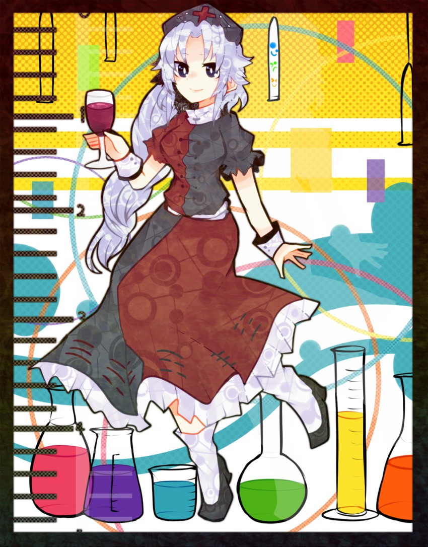 1girl alcohol bad_id bad_pixiv_id beaker braid breasts female_focus flask glass hat highres itomugi-kun long_hair measuring_cylinder medium_breasts nurse_cap silver_hair single_braid skirt smile solo touhou vial volumetric_flask wine yagokoro_eirin