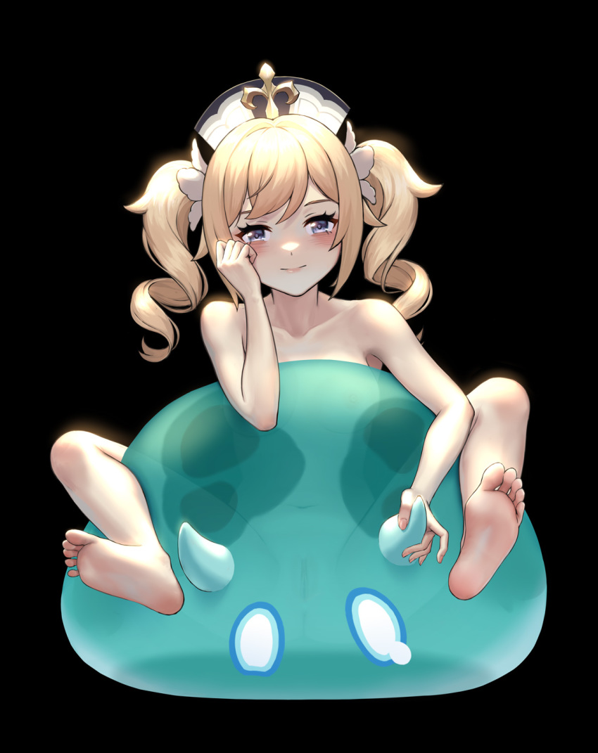barbara_(genshin_impact) barefoot black_background blush bubu_(pixiv_44885189) genshin_impact happy highres leaning_forward leg_lift pussy simple_background sitting slime slime_(genshin_impact) smile spread_legs