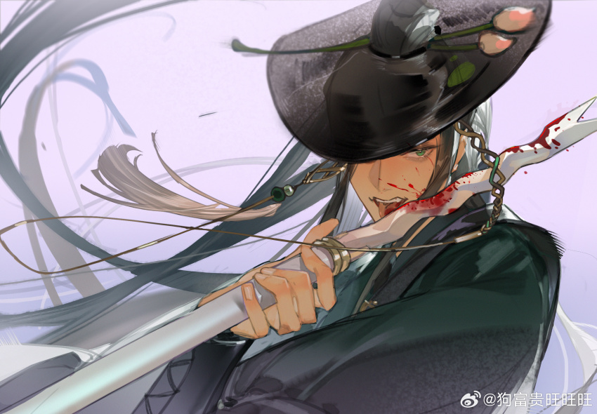 1boy black_hair black_hanfu black_hat blood blood_on_face blood_on_tongue bloody_weapon chinese_clothes chinese_commentary code:_kite fang gou_fu_gui_wang_wang_wang gradient_background green_eyes hanfu hat highres holding holding_polearm holding_weapon licking licking_weapon long_hair long_sleeves looking_at_viewer male_focus one_eye_covered pink_background polearm purple_background solo tassel tongue_mark topknot upper_body watermark weapon weibo_watermark zhang_fei_(code:_kite)