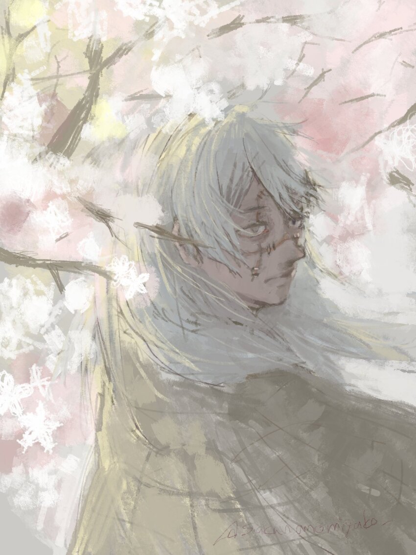 1boy black_eyes branch cherry_tree closed_mouth heterochromia highres jujutsu_kaisen long_hair mahito_(jujutsu_kaisen) male_focus sakananomiyako signature solo stitched_face stitches upper_body yellow_eyes