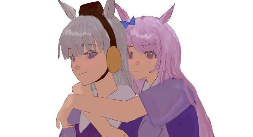 2girls animal_ears arms_around_neck blue_bow blush bow chinese_commentary commentary_request ear_bow front-to-back gold_ship_(umamusume) grey_hair hcrane_hrs highres horse_ears horse_girl hug hug_from_behind long_hair mejiro_mcqueen_(umamusume) multiple_girls pillbox_hat purple_eyes purple_hair purple_shirt school_uniform shirt short_sleeves simple_background smile summer_uniform tracen_school_uniform umamusume upper_body white_background