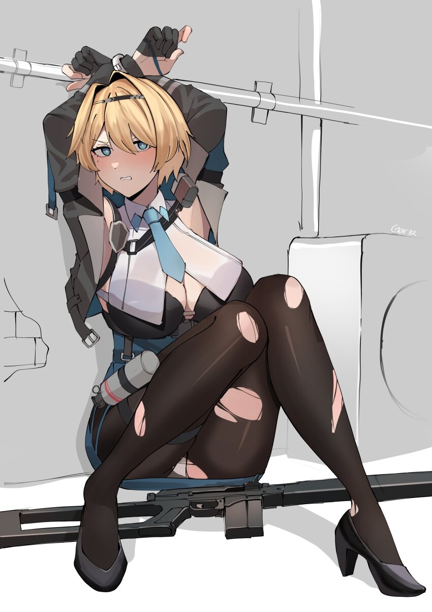 1girl absurdres artist_name black_bra black_gloves black_pantyhose bra breasts cleavage cuffs gar32 girls&#039;_frontline girls&#039;_frontline_2:_exilium gloves gun handcuffs high_heels highres nikketa_(girls&#039;_frontline_2) panties pantyhose pencil_skirt rifle skirt smoke_grenade torn_clothes torn_pantyhose underwear vsk-94 vsk-94_(girls&#039;_frontline) weapon white_panties