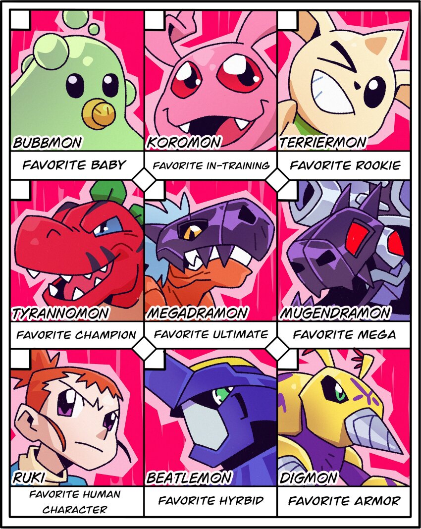 absurdres armor blitzmon bubbmon digimon digimon_(creature) digmon highres horns koromon looking_at_viewer makino_ruki megadramon mugendramon one_eye_closed orange_hair smile terriermon tyranomon wink