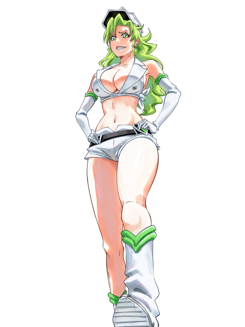 1girl absurdres bleach bleach:_sennen_kessen-hen breasts candice_catnipp cleavage elbow_gloves gloves green_eyes green_hair hands_on_own_hips hat highres large_breasts long_hair navel peaked_cap quincy_(bleach) revealing_clothes ririvart solo sternritter