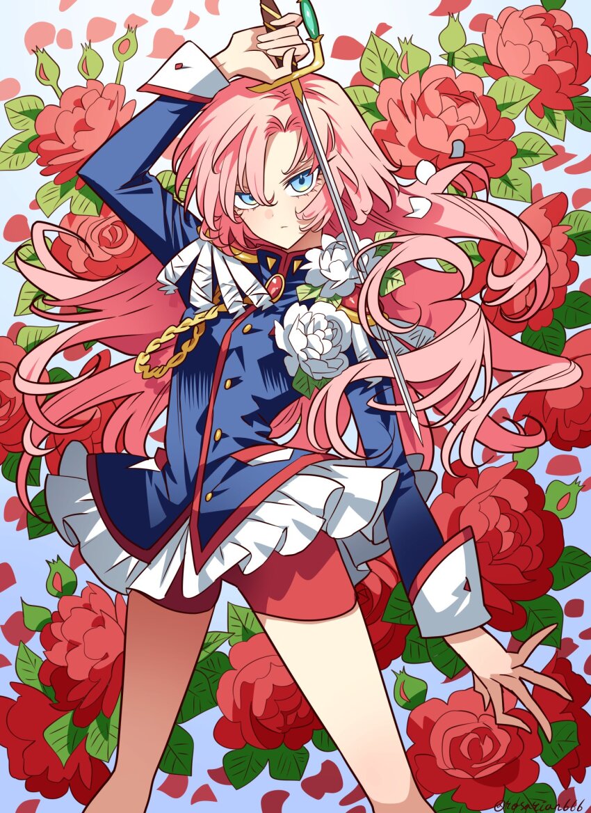 1girl bike_shorts black_jacket blue_eyes commentary epaulettes epee floral_background flower frown highres holding holding_sword holding_weapon jacket long_hair looking_at_viewer meremero ootori_gakuen_school_uniform pink_hair red_flower red_shorts school_uniform shorts shoujo_kakumei_utena solo sword tenjou_utena twitter_username weapon white_flower