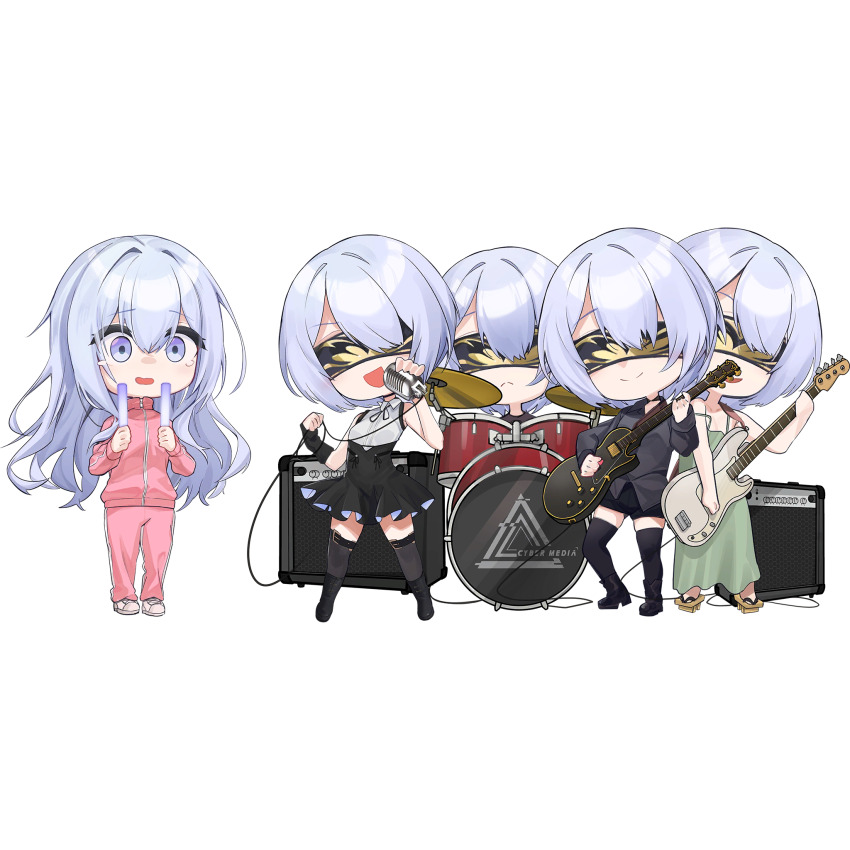 5girls amplifier bass_guitar blindfold blue_eyes chibi chibi_only deatheach dolce_(neural_cloud) drum electric_guitar game_cg girls&#039;_frontline girls&#039;_frontline_neural_cloud glowstick grey_hair guitar highres holding holding_instrument instrument maestoso_(neural_cloud) microphone multiple_girls music official_art pink_track_suit playing_instrument scherzando_(neural_cloud) singing third-party_source track_suit tranquilo_(neural_cloud) transparent_background undine_(fool&#039;s_duality)_(neural_cloud) undine_(neural_cloud)