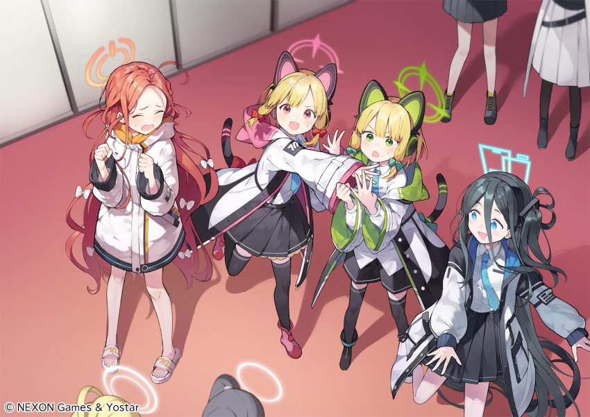 6+girls animal_ears aris_(blue_archive) black_skirt black_thighhighs blonde_hair blue_archive cat_ears cat_tail closed_eyes fake_animal_ears full_body game_development_department_(blue_archive) hair_between_eyes halo highres hiyo_kiki jacket long_hair long_sleeves looking_at_another looking_up midori_(blue_archive) millennium_science_school_student_(blue_archive) millennium_science_school_student_a_(blue_archive) millennium_science_school_student_b_(blue_archive) momoi_(blue_archive) multiple_girls necktie official_art open_clothes open_jacket open_mouth pink_shoes red_hair sandals shoes skirt standing sukeban_(mg)_(blue_archive) sukeban_(smg)_(blue_archive) tail thighhighs white_footwear yuzu_(blue_archive)
