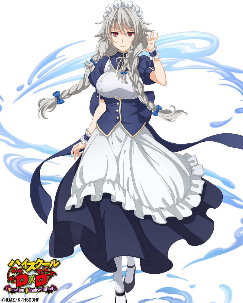 1girl absurdres black_dress blue_bow bow braid breasts copyright_name dress female_focus full_body grayfia_lucifuge grey_hair hair_bow high_school_dxd high_school_dxd_hero high_school_dxd_operation_paradise_infinity highres large_breasts long_hair maid maid_headdress official_art simple_background solo twin_braids white_background