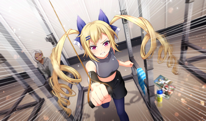 2girls black_shorts blonde_hair blue_pantyhose blurry book bow cinderella_series clenched_hands clenched_teeth depth_of_field drill_hair dutch_angle elbow_pads emphasis_lines exercising from_above game_cg grey_hoodie grey_tank_top grin hachigatsu_no_cinderella_nine hair_bow hair_ornament hairclip highres hood hood_down hoodie indoors kousaka_tsubaki lens_flare long_hair looking_at_viewer mori_veronica_naoko motion_blur motion_lines multiple_girls non-web_source official_art pantyhose pantyhose_under_shorts red_eyes shorts sitting smile solo_focus speed_lines sweat tank_top teeth towel twin_drills v-shaped_eyebrows white_hair