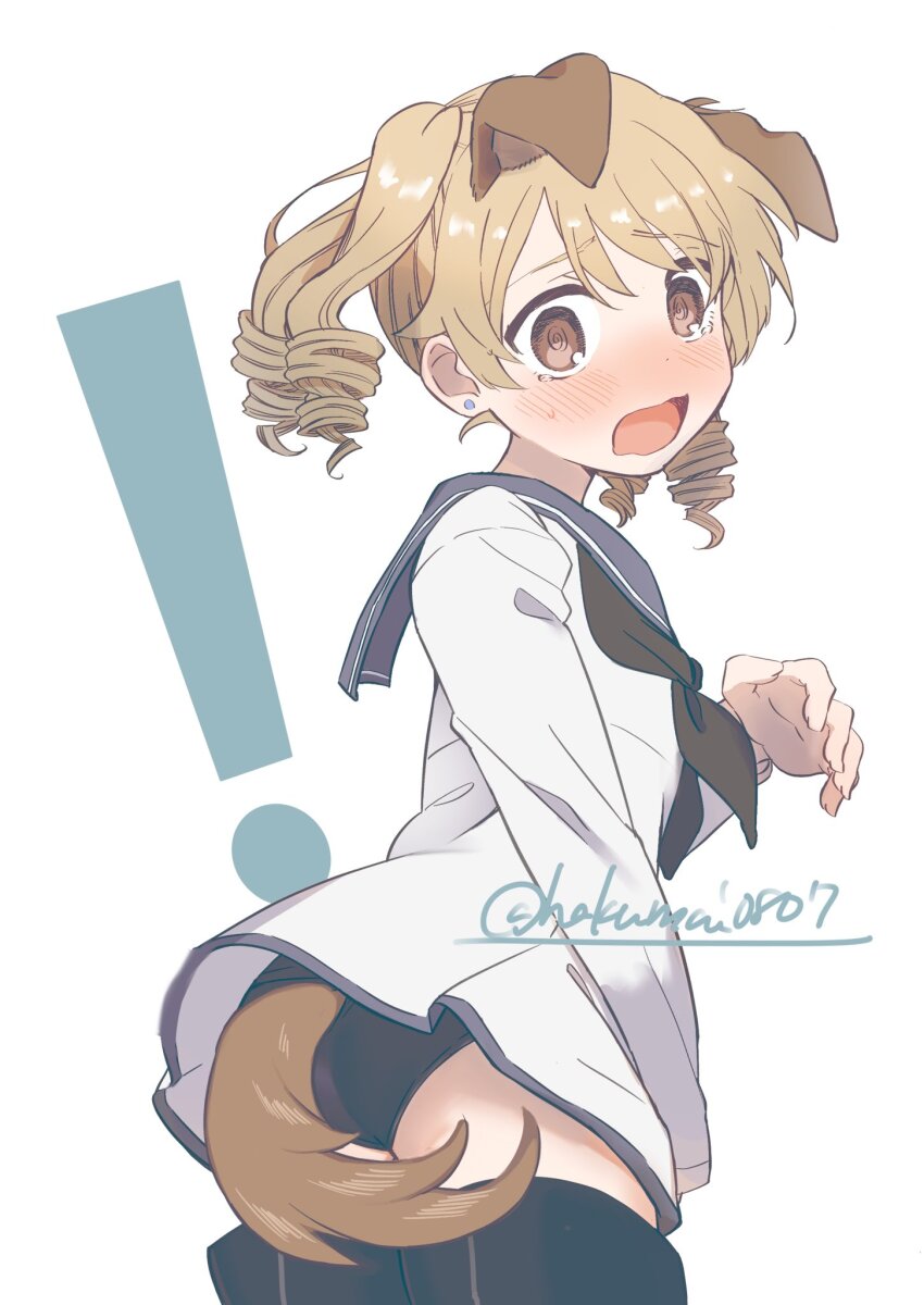 ! 1girl @_@ animal_ears ass black_neckerchief blue_sailor_collar blush brown_eyes commentary_request cosplay cowboy_shot dog_ears dog_tail drill_hair flat_chest hand_up highres idolmaster idolmaster_cinderella_girls long_sleeves looking_at_viewer medium_hair morikubo_nono neckerchief open_mouth sailor_collar school_swimsuit shirt shirt_tug shisui_(5830217) sidelocks solo strike_witches striker_unit swimsuit swimsuit_under_clothes tail tearing_up thighs twintails twitter_username wavy_mouth white_background white_shirt world_witches_series