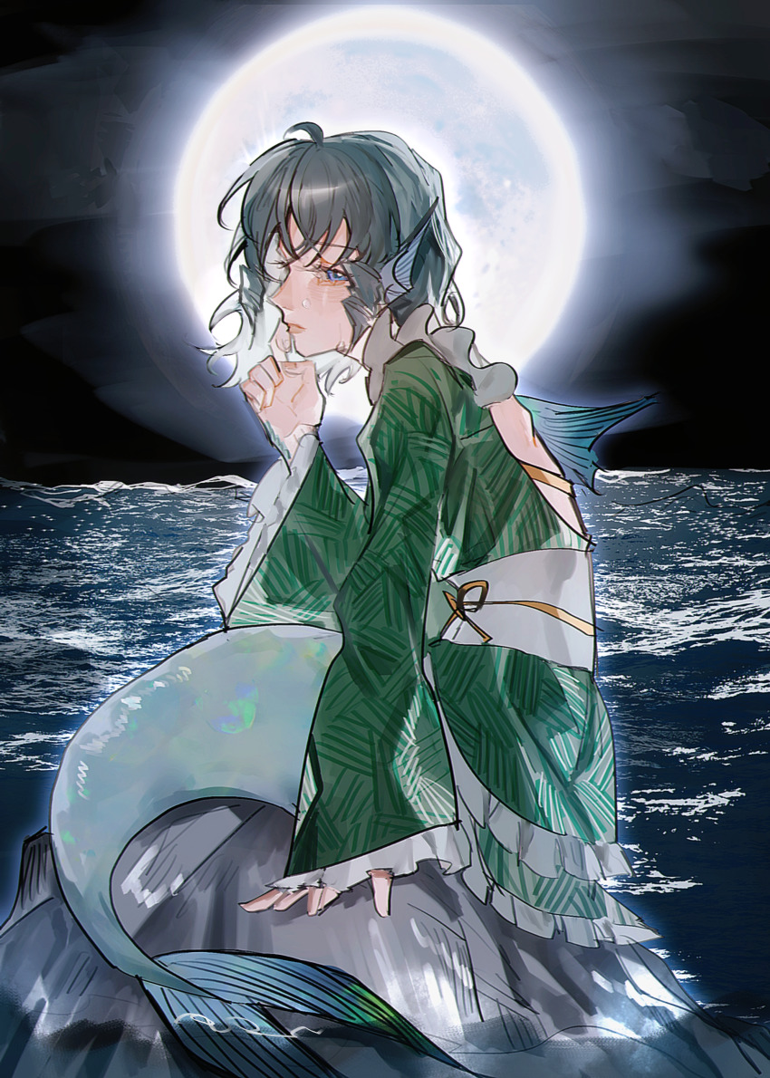 1girl absurdres ahoge arm_support back_fin blue_eyes blue_hair chinese_commentary closed_mouth commentary_request crying finger_to_mouth fingernails fins frilled_kimono frilled_sleeves frills full_body full_moon green_kimono hand_up head_fins heinrich_(fernanderuddle) highres japanese_clothes kimono lips long_sleeves medium_hair mermaid monster_girl moon obi ocean rock sash sideways_glance sitting sleeves_past_wrists solo tears touhou wakasagihime water wide_sleeves