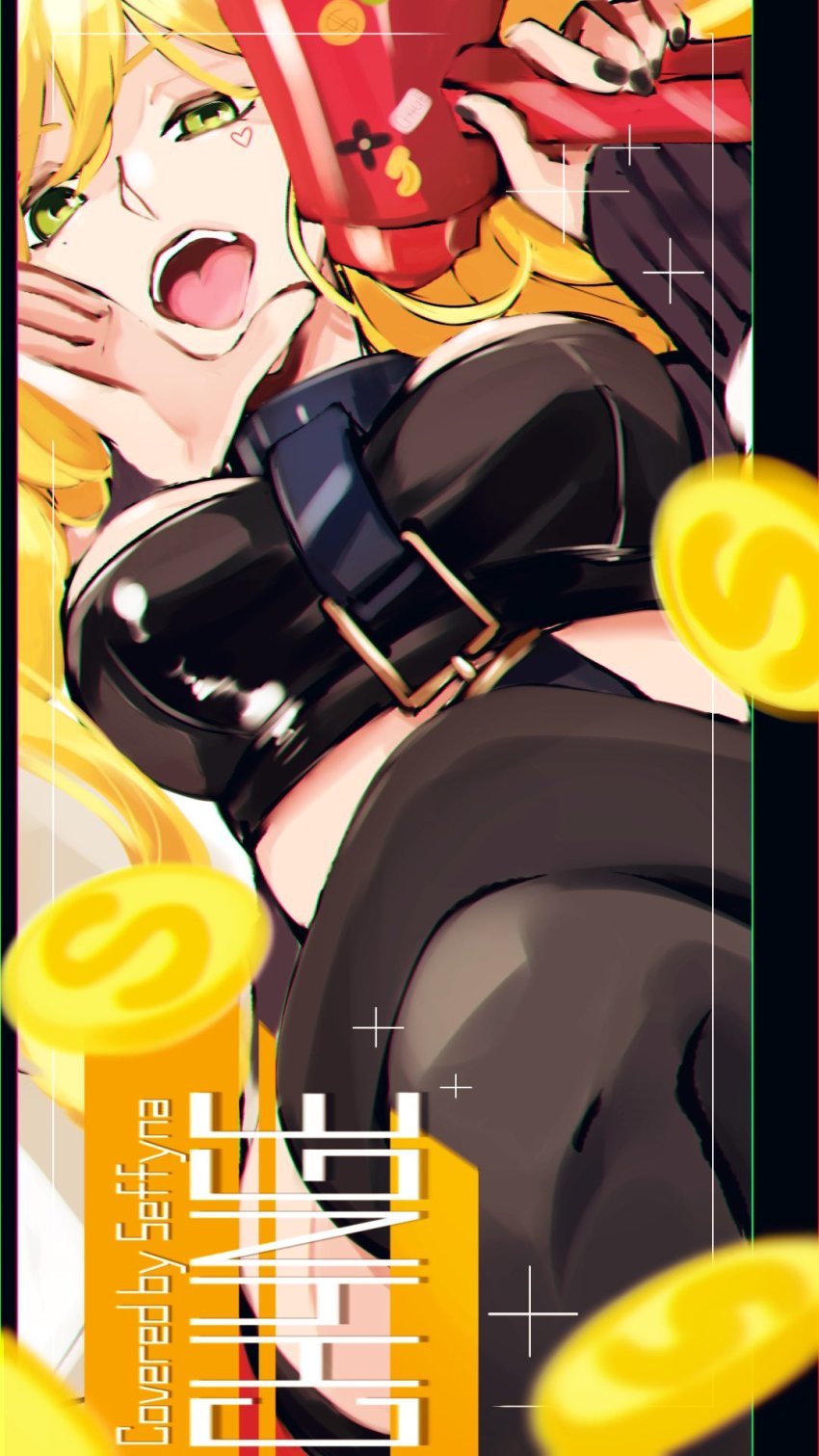 1girl black_bustier black_collar black_nails black_thighhighs blonde_hair breasts ch4nge_(cevio) character_name coin collar crossed_legs green_eyes heart highres holding holding_megaphone jing_(l_i_ns) long_sleeves medium_breasts megaphone nail_polish nijisanji nijisanji_kr open_mouth seffyna sleeves_past_wrists solo thighhighs tongue tongue_out virtual_youtuber