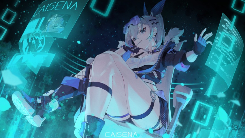 1girl artist_name black_boots black_jacket boots caisena chinese_commentary commentary crop_top crossed_legs eyewear_on_head fingerless_gloves fur-trimmed_jacket fur_trim gloves grey_hair grey_scales head_rest highres holographic_interface honkai:_star_rail honkai_(series) jacket looking_at_viewer mouth_hold ponytail shirt silver_wolf_(honkai:_star_rail) sitting solo sunglasses white_shirt