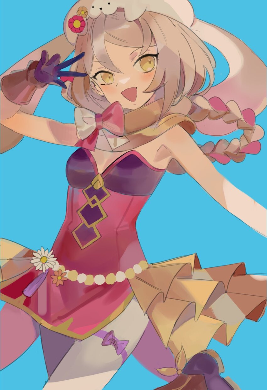 1girl animal_hat braid braided_ponytail brown_gloves carrot_background easter easter_egg egg expressive_clothes fire_emblem fire_emblem_engage fire_emblem_heroes flower_ornament framme_(fire_emblem) framme_(spring)_(fire_emblem) gloves hair_over_shoulder hat highband highres nintendo pantyhose polka_dot polka_dot_scarf rabbit_background rabbit_hat ruuu_ran_ran scarf white_pantyhose yellow_scarf