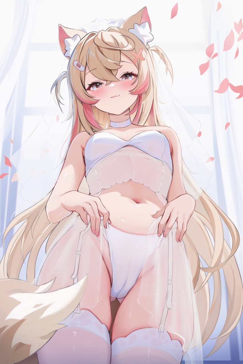 1girl :3 absurdres alternate_costume alternate_hair_length alternate_hairstyle animal_ear_fluff animal_ears bandaid bandaid_hair_ornament blonde_hair blue_eyes blush breasts bridal_lingerie bridal_veil bride cameltoe choker closed_mouth commentary crossed_bangs curtains dog_ears dog_girl dog_tail duplicate english_commentary garter_straps gluteal_fold hair_between_eyes hair_ornament highleg highleg_panties highres hololive hololive_english koahri lingerie long_hair looking_at_viewer mococo_abyssgard multicolored_hair navel panties petals pink_hair small_breasts smile solo standing stomach streaked_hair tail thighhighs two_side_up underwear veil very_long_hair virtual_youtuber white_choker white_garter_straps white_panties white_thighhighs x_hair_ornament
