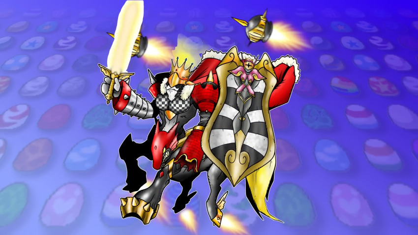 cape centaur digimon digimon_(creature) digimon_savers fusion highres kingchessmon original queenchessmon shield solo sword taur weapon