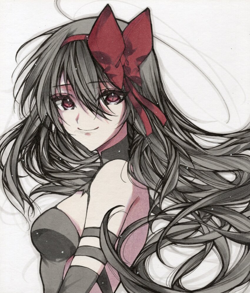 1girl absurdres akemi_homura akuma_homura black_dress black_hair bow closed_mouth detached_collar dress floating_hair from_side hair_bow hairband highres long_hair looking_at_viewer mahou_shoujo_madoka_magica mahou_shoujo_madoka_magica:_hangyaku_no_monogatari misteor red_bow red_eyes red_hairband simple_background smile solo strapless strapless_dress upper_body white_background