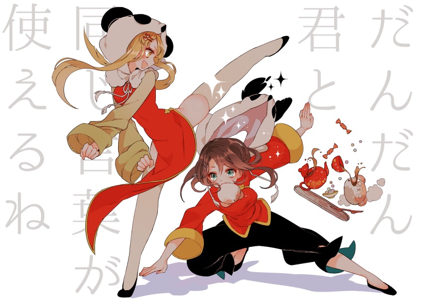 2girls :d animal_hood bad_id bad_pixiv_id bang_dream! black_footwear black_hair black_pants blonde_hair blue_eyes candy china_dress chinese_clothes clenched_hands cosplay cup dress flats food gumi gumi_(cosplay) hair_ornament hairpin high_kick hood kagamine_rin kagamine_rin_(cosplay) kicking leg_up long_hair long_sleeves lyrics mamaloni medium_hair michelle_(bang_dream!) mouth_hold multiple_girls okusawa_misaki on_one_knee open_mouth outstretched_arms panda_hood pants red_shirt shirt skindentation smile sparkle spilling spread_arms sugar_bowl sugar_cube tassel teacup teapot thighhighs translation_request tray tsurumaki_kokoro vocaloid white_background white_legwear yellow_eyes yi_er_fan_club_(vocaloid)