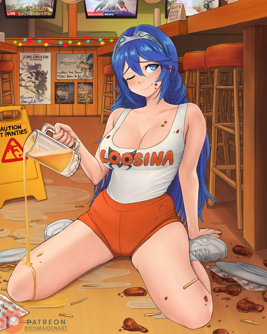 1girl absurdres alcohol alternate_costume beer beer_mug blue_eyes blue_hair breasts chicken_wing cleavage clumsy commentary commission cup dismaiden donkey_kong english_commentary fire_emblem fire_emblem_awakening food food_on_face fox_mccloud french_fries gen_1_pokemon highres holding holding_cup hooters indoors kirby kirby_(series) large_breasts link long_hair lucina_(fire_emblem) mug nintendo one_eye_closed orange_shorts pikachu pokemon poster_(object) shorts sign solo spilling star_fox stool super_smash_bros. tank_top the_legend_of_zelda tiara waitress warning_sign white_tank_top