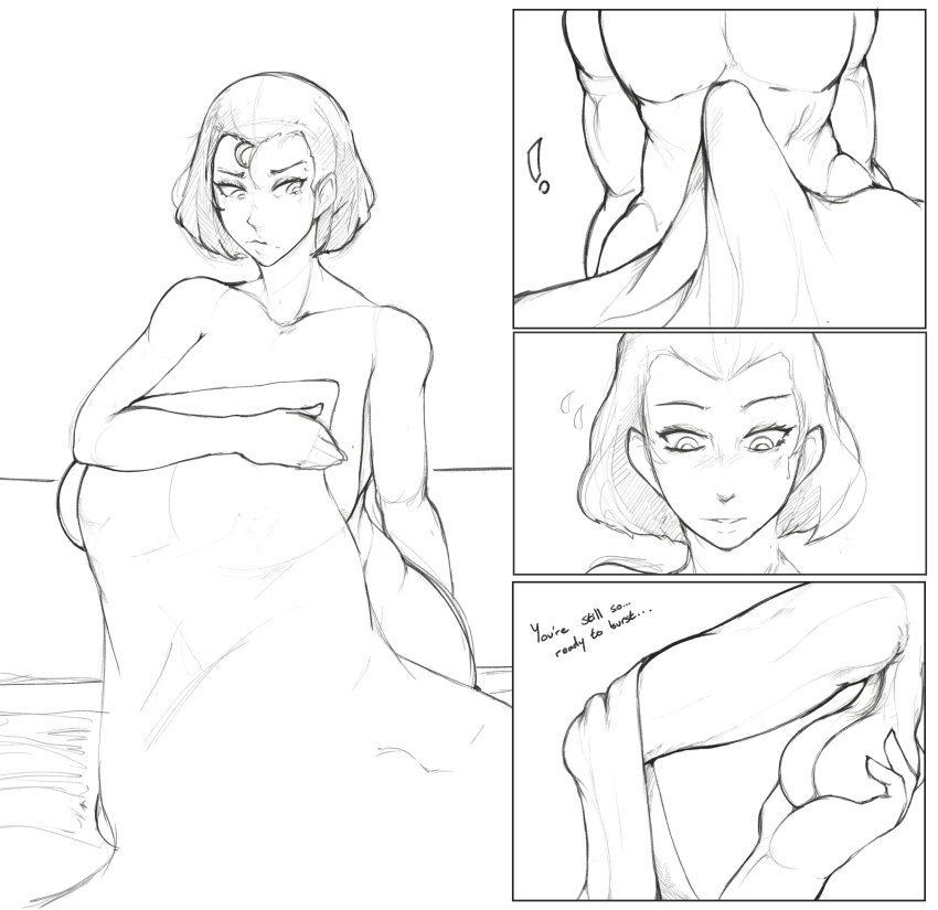 1girl absurdres breasts bulge diamond_wa_kudakenai english_text erection greyscale higashikata_tomoko highres huge_breasts jojo_no_kimyou_na_bouken large_penis mature_female monochrome penis short_hair smoxul testicle_grab testicles