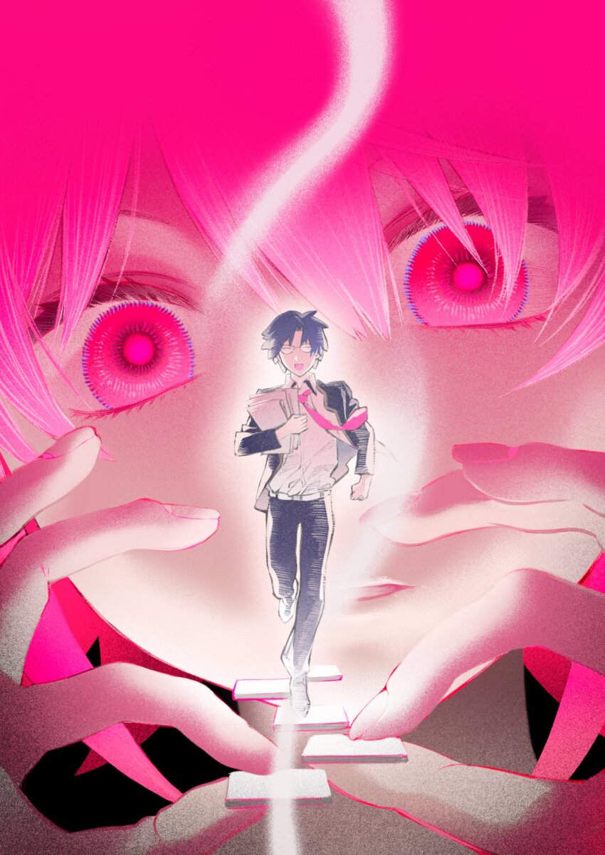 1boy 1girl black_background black_jacket blue_hair blue_pants chaos;child close-up commentary empty_eyes glasses hands_up highres holding holding_paper jacket looking_at_another miyashiro_takuru necktie onoe_serika pants paper paper_stack parted_lips pink_eyes pink_hair pink_necktie running shirt short_hair simple_background stairs tuzaixia upper_body white_shirt