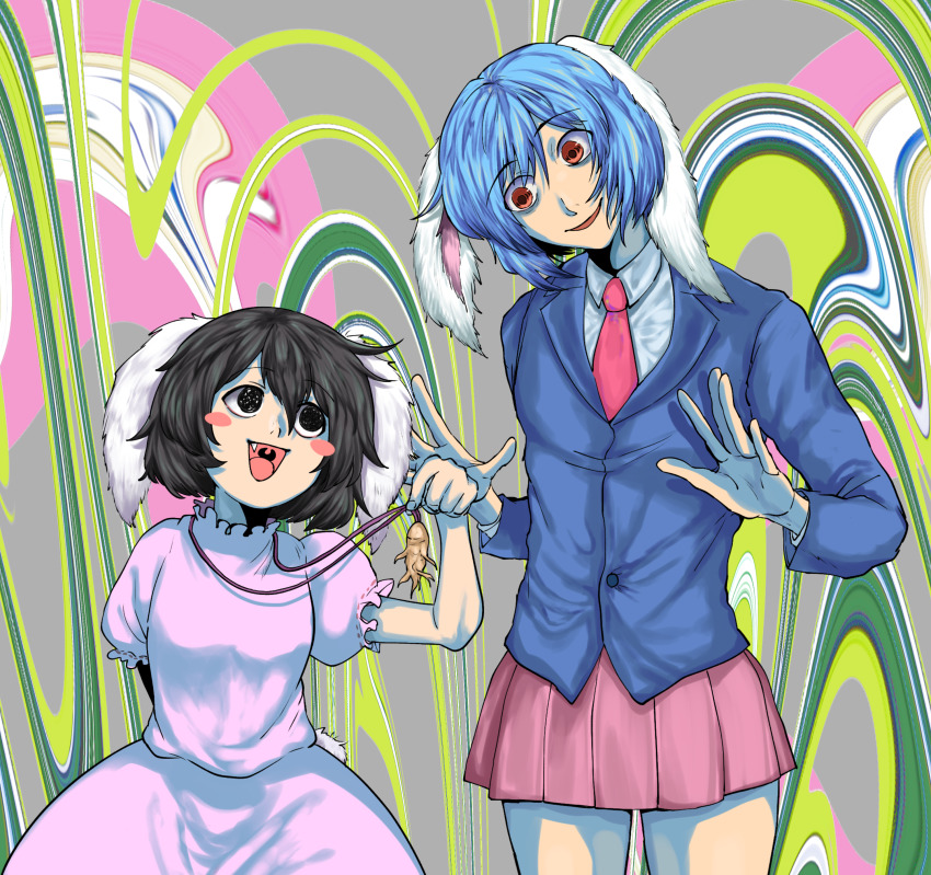 1boy 1girl abstract_background absurdres animal_ears babus_(nicoseiga56306120) bad_id bad_nicoseiga_id black_eyes black_hair blazer blue_hair blue_jacket commentary_request cookie_(touhou) cowboy_shot crossdressing dress fang floppy_ears frilled_dress frills hair_between_eyes head_tilt highres inaba_tewi jacket jun_(cookie) long_sleeves looking_at_another looking_to_the_side necktie no_pupils open_mouth pink_dress pink_skirt pleated_skirt puffy_short_sleeves puffy_sleeves rabbit_ears rabbit_girl rabbit_tail red_eyes red_neckwear reisen_(touhou_bougetsushou) ribbon-trimmed_dress ribbon_trim short_hair short_sleeves skirt smile stella_(cookie) tail tongue touhou uvula