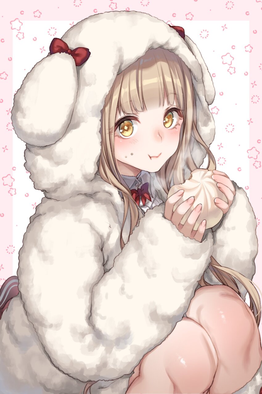 1girl absurdres alternate_costume animal_ears animal_hood bad_id bad_twitter_id blonde_hair blunt_bangs blush border bow bowtie collared_shirt commission crumbs dumpling eating food highres holding holding_food hood jacket looking_at_viewer orange_eyes pink_border rabbit_ears red_riding_hood_(sinoalice) shirt sidelocks simple_background sinoalice skeb_commission solo squatting star_(symbol) symbol-shaped_pupils teroru