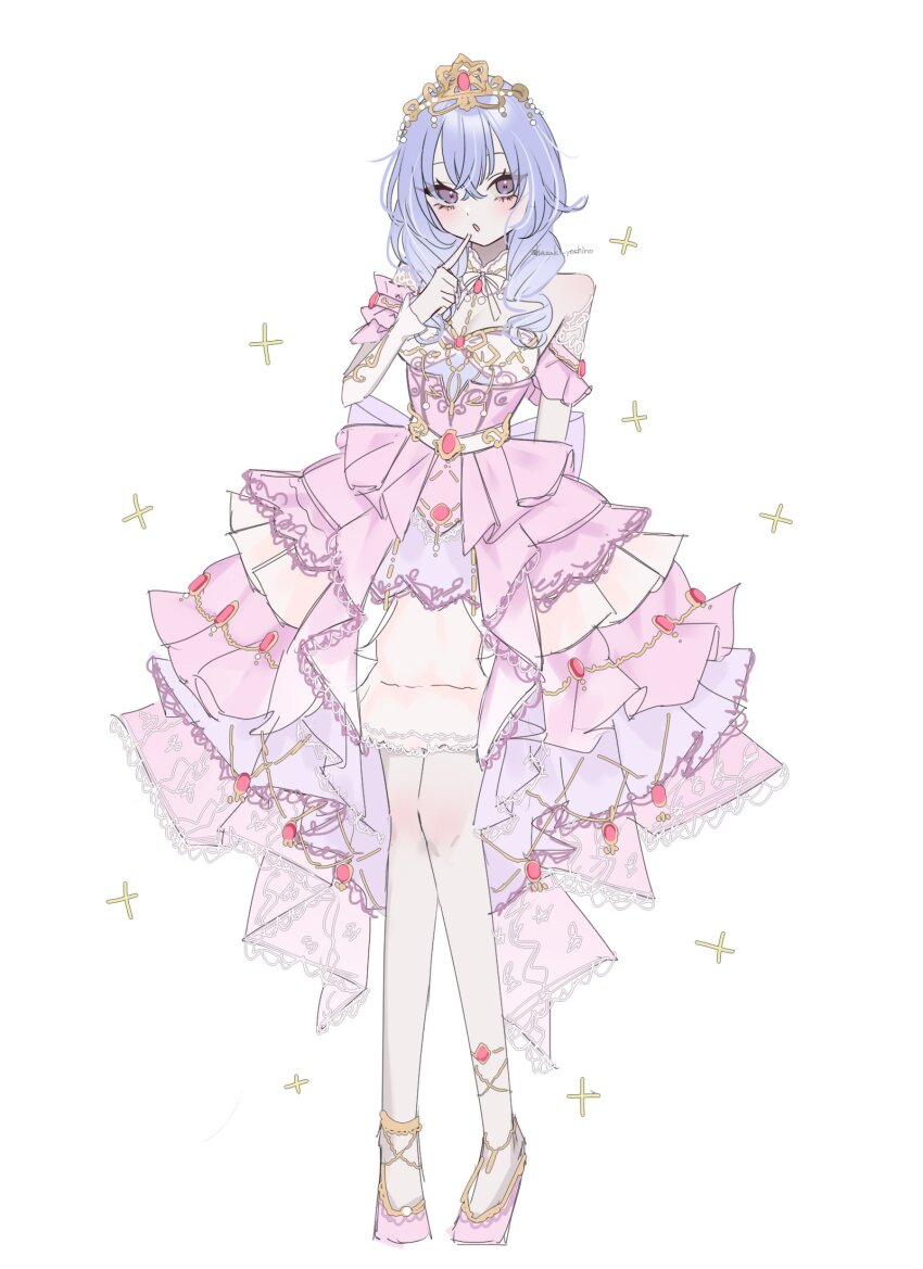1girl arm_behind_back blue_hair breasts commentary crossed_bangs dress finger_to_mouth full_body hair_between_eyes hand_up hazaki_yoshino high_heels highres idolmaster idolmaster_shiny_colors long_hair parted_lips pink_dress pink_shoes purple_eyes shoes simple_background solo sparkle standing suzuki_hana symbol-only_commentary tiara twitter_username white_background
