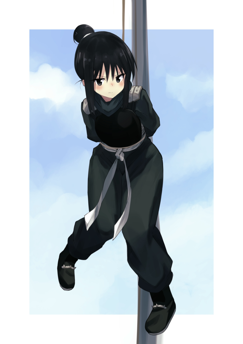 1girl absurdres armor arms_behind_back black_eyes black_hair black_pants blue_sky blush border bowchan breastplate closed_mouth commentary eyelashes frown fullmetal_alchemist hair_between_eyes hair_bun highres jitome lan_fan looking_at_viewer medium_hair midair ninja outdoors pants sidelocks simple_background single_hair_bun sky solo v-shaped_eyebrows white_border
