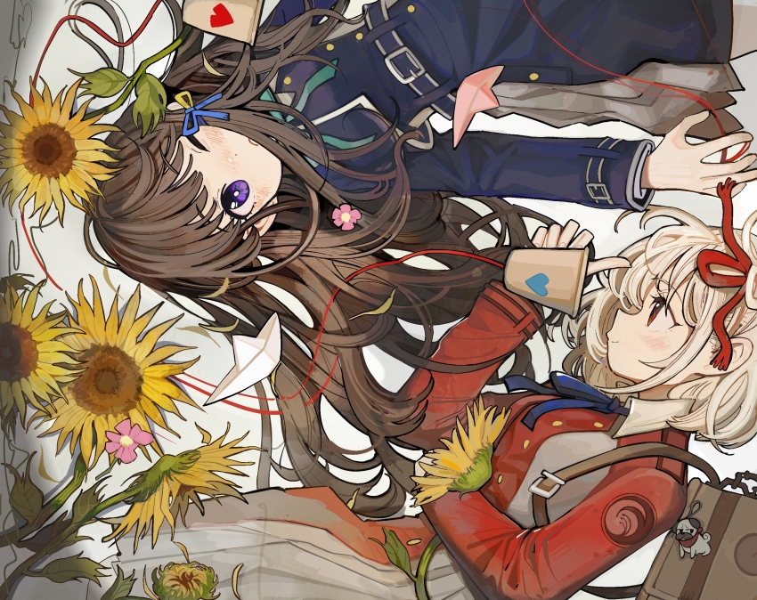 2girls animal_charm aqua_ribbon backpack bag bag_charm blonde_hair blue_ribbon brown_bag brown_hair charm_(object) commentary_request cup disposable_cup flower hair_ribbon highres holding holding_cup inoue_takina llllwewewe lycoris_recoil lycoris_uniform multiple_girls neck_ribbon nishikigi_chisato one_eye_closed paper_boat purple_eyes red_eyes red_ribbon ribbon string_phone sunflower yellow_flower