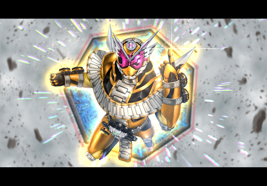 1boy antennae arm_blade armor back-to-back belt black_boots blue_sky bodysuit boots buckle cape clenched_hand clock_hands clockwork commentary_request compound_eyes cowboy_shot flying future gears gloves glowing glowing_eyes gold_trim helmet highres horns index_finger_raised kamen_rider kamen_rider_zi-o kamen_rider_zi-o_(series) kamen_rider_zi-o_ouma kamen_rider_zi-o_the_movie:over_quartzer katakana letterboxed loincloth looking_at_viewer male_focus mask official_alternate_costume ouma_zi-o_rider_watch pauldrons pink_eyes rider_belt rider_watch ryukawa shoulder_armor single_horn sky solo sword tokusatsu vambraces weapon yellow_eyes ziku_driver