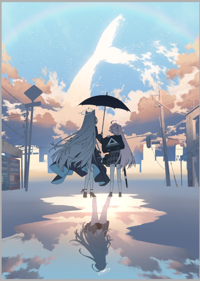 2girls ahoge animal_ears anklet black_dress blew_andwhite blue_archive blue_halo building cetacean_tail character_request cloud commentary_request day dress fins fish_tail from_behind halo high_heels highres holding holding_suitcase holding_umbrella huge_ahoge jewelry lamppost long_hair miniskirt multiple_girls outdoors plaid_clothes plaid_skirt pleated_skirt reflection shiroko_(blue_archive) shiroko_terror_(blue_archive) skirt sky standing suitcase tail umbrella utility_pole vending_machine very_long_hair water_tower white_halo wolf_ears wolf_girl