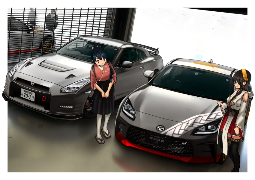 2boys 2girls black_hair black_hakama boots car character_name commentary_request detached_sleeves full_body hairband hakama haruna_(kancolle) haruna_kai_ni_(kancolle) headgear highres houshou_(kancolle) japanese_clothes kantai_collection kimono long_hair motor_vehicle multiple_boys multiple_girls nissan nissan_gt-r nontraditional_miko pink_kimono ponytail ribbon-trimmed_sleeves ribbon_trim standing thigh_boots timmyyen toyota toyota_86