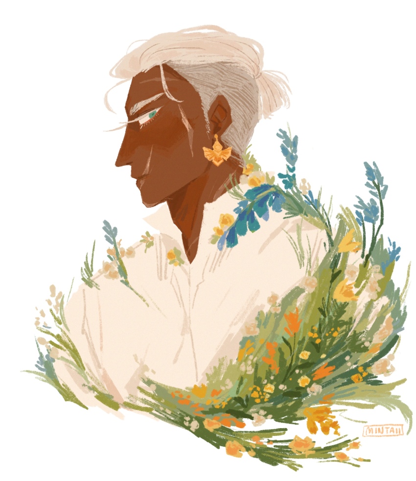 1boy blue_eyes blue_flower closed_mouth collared_shirt colored_eyelashes commentary cropped_torso dark-skinned_male dark_skin dedue_molinaro ear_piercing earrings english_commentary facial_scar fire_emblem fire_emblem:_three_houses flower highres jewelry looking_to_the_side male_focus multiple_scars nintendo piercing ponytail profile scar scar_on_cheek scar_on_face shirt short_ponytail sideways_glance signature solo spearmintaii white_background white_hair white_shirt yellow_flower