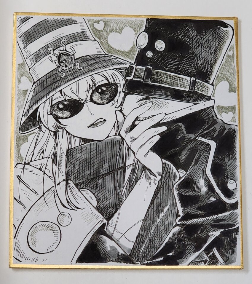 1boy 1girl archnemon coat digimon digimon_(creature) digimon_adventure_02 dress greyscale hat heart highres kim_gyuri long_hair monochrome mummymon photo_(medium) sharp_teeth shikishi sunglasses teeth traditional_media upper_body
