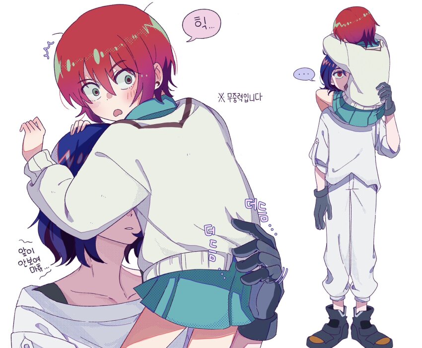 ... 1boy 1girl 7lucky_ya amate_yuzuriha aqua_eyes blue_hair blush boots collared_shirt gloves gundam gundam_gquuuuuux highres korean_text necktie open_mouth pants red_eyes red_hair school_uniform shirt short_hair shuji_ito simple_background sitting_on_shoulder speech_bubble spoken_ellipsis sweater translation_request white_background