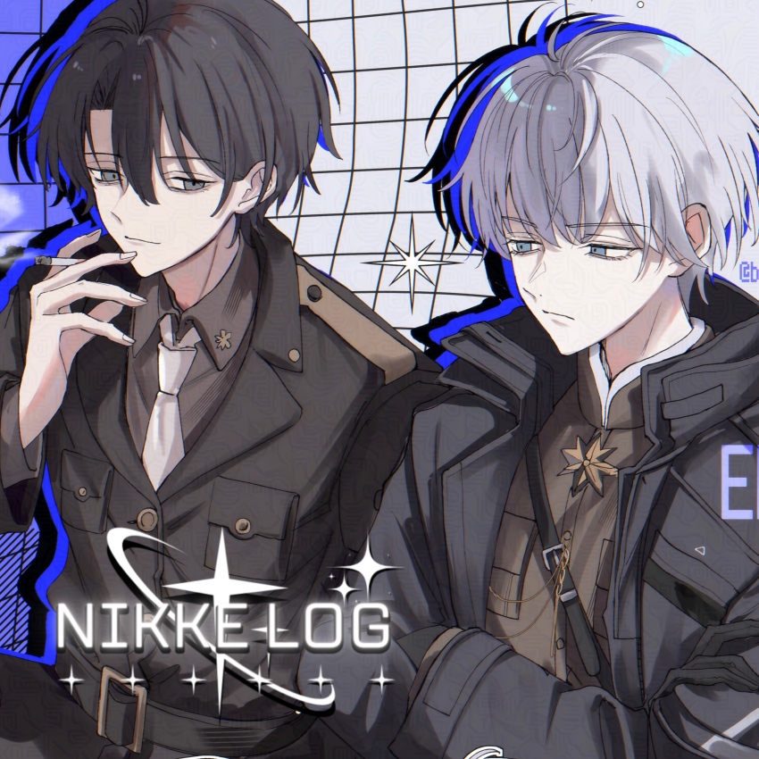 2boys absurdres belt black_belt black_eyes black_gloves black_hair black_jacket blue_outline breast_pocket brooch brown_jacket buttons chikyuu_(bohednsg) cigarette closed_mouth collared_shirt colored_shadow commander_(nikke) commentary commentary_request crossed_arms curtained_hair english_commentary english_text gloves goddess_of_victory:_nikke grey_eyes hair_between_eyes highres holding holding_cigarette jacket jewelry johan_(nikke) long_bangs long_sleeves looking_to_the_side male_focus military_jacket military_uniform mixed-language_commentary multiple_boys necktie outline parted_bangs pocket serious shadow shirt short_hair smirk sparkle star_brooch white_necktie