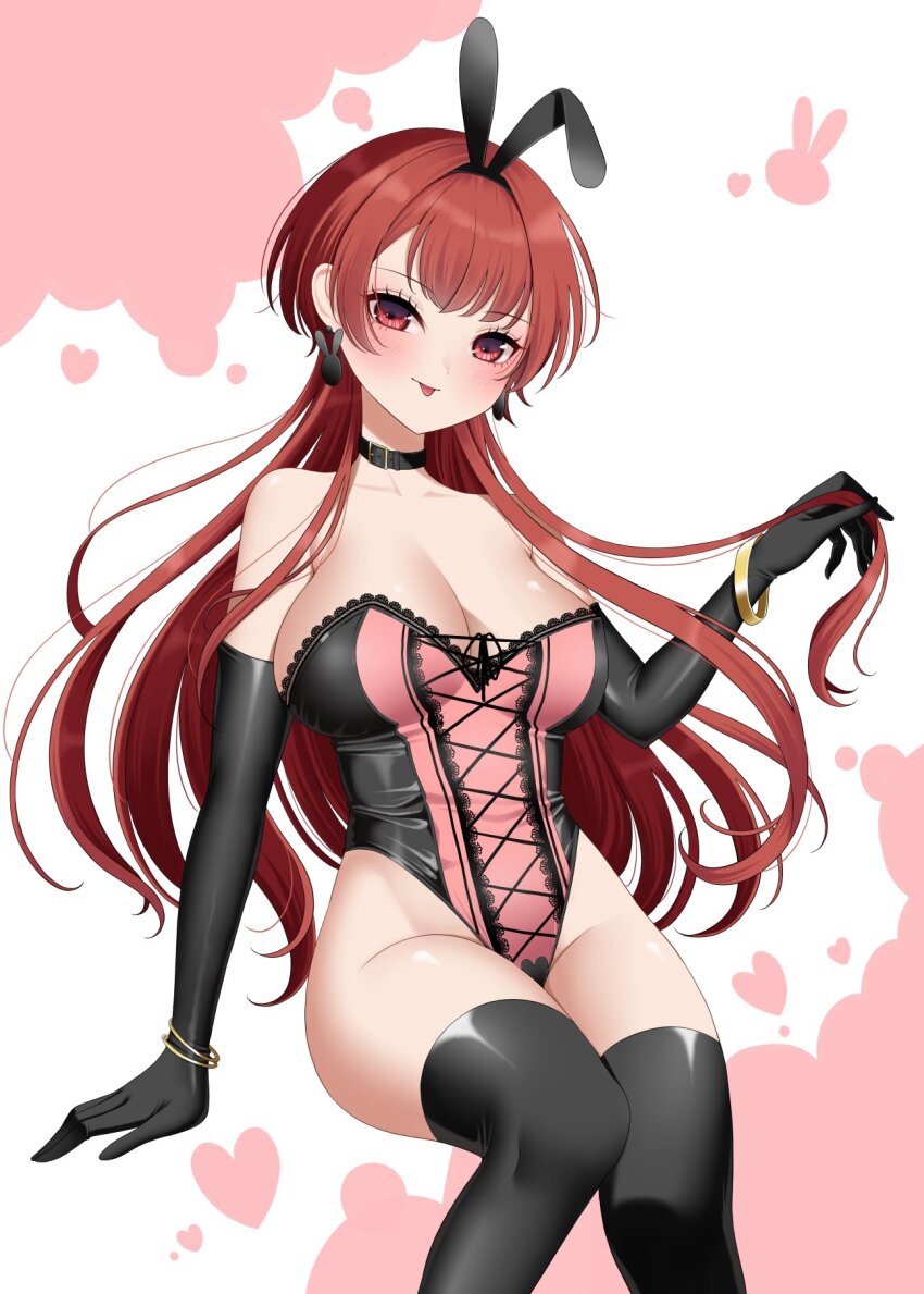1girl alternate_costume animal_ear_hairband animal_ears bare_shoulders black_choker black_gloves black_leotard black_thighhighs breasts choker cleavage commentary_request elbow_gloves fake_animal_ears feet_out_of_frame gloves hairband highleg highleg_leotard highres kantai_collection large_breasts leotard long_hair looking_at_viewer multicolored_leotard nevada_(kancolle) pink_background pink_leotard playboy_bunny rabbit_ear_hairband rabbit_ears red_eyes red_hair solo strapless strapless_leotard thighhighs two-tone_background two-tone_leotard white_background wristband yomogi_dango