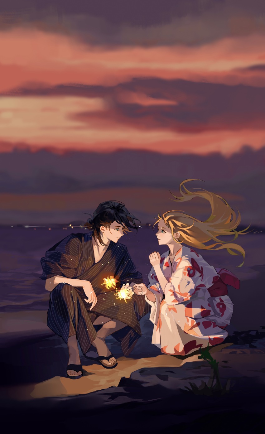 1boy 1girl absurdres ajiro_shinpei animal_print back_bow black_footwear black_hair black_kimono black_sleeves blonde_hair blue_eyes bow chinese_commentary cloud cloudy_sky commentary_request dark eye_contact fireworks fish_print floating_hair full_body highres holding holding_fireworks japanese_clothes jidian967 kimono kofune_ushio long_hair long_sleeves looking_at_another obi ocean open_mouth outdoors parted_lips pinstripe_kimono pinstripe_pattern pinstripe_sleeves red_bow red_sky sandals sash shore short_hair sky sleeves_rolled_up smile sparkler squatting summertime_render sunset teeth toes upper_teeth_only white_kimono white_sleeves yukata