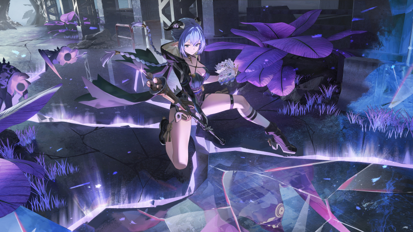 1girl 3others absurdres accessories angel_no_shousou animal_ears bell black_boots black_horns black_unitard blue_hair book boots bra breasts choker cleavage commentary_request crack cracked_floor ethereal_(zenless_zone_zero) goat goat_ears goat_girl goat_horns goat_tail grass green_bra green_eyes hair_bell hair_between_eyes hair_ornament highres holding holding_book holding_staff hood horns key key_choker knee_strap long_hair looking_down lucia_elowen magic medallion medium_breasts multiple_others on_one_knee outdoors pendant_choker plant pointy_ears reflection revision single_sleeve socks sparkle staff summoning tail underwear white_socks zenless_zone_zero