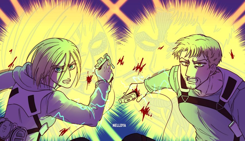 1boy 1girl annie_leonhart armored_titan belt blonde_hair blood blue_eyes facial_hair female_titan flying highres hood hoodie looking_at_viewer medium_hair mina_(als_dk) paradis_military_uniform reiner_braun shingeki_no_kyojin shirt short_hair strap three-dimensional_maneuver_gear titan_(shingeki_no_kyojin) transformation weapon yellow_eyes